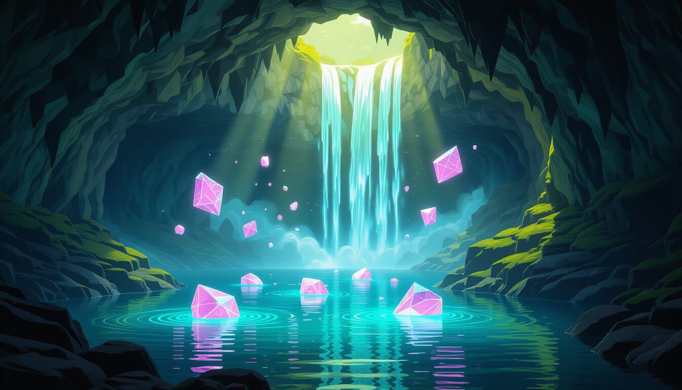 Neon Cave with Glowing Waterfall and Floating Shards