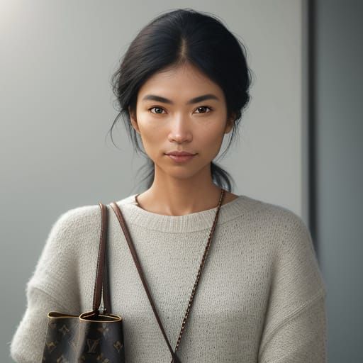 Elegant Woman with Bucket Bag, Soft Colors and Studio Lighti...