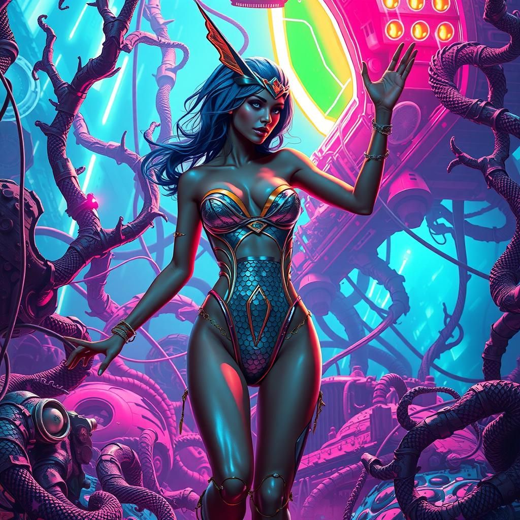 Futuristic Woman Dances in Neon Forest, Syd Mead Style