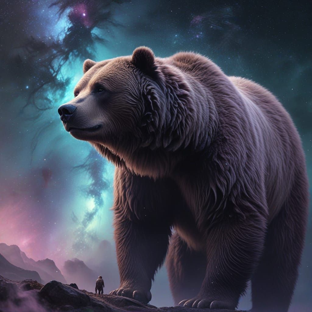 Majestic Kodiak Bear on Alien Planet Under Nebula Sky