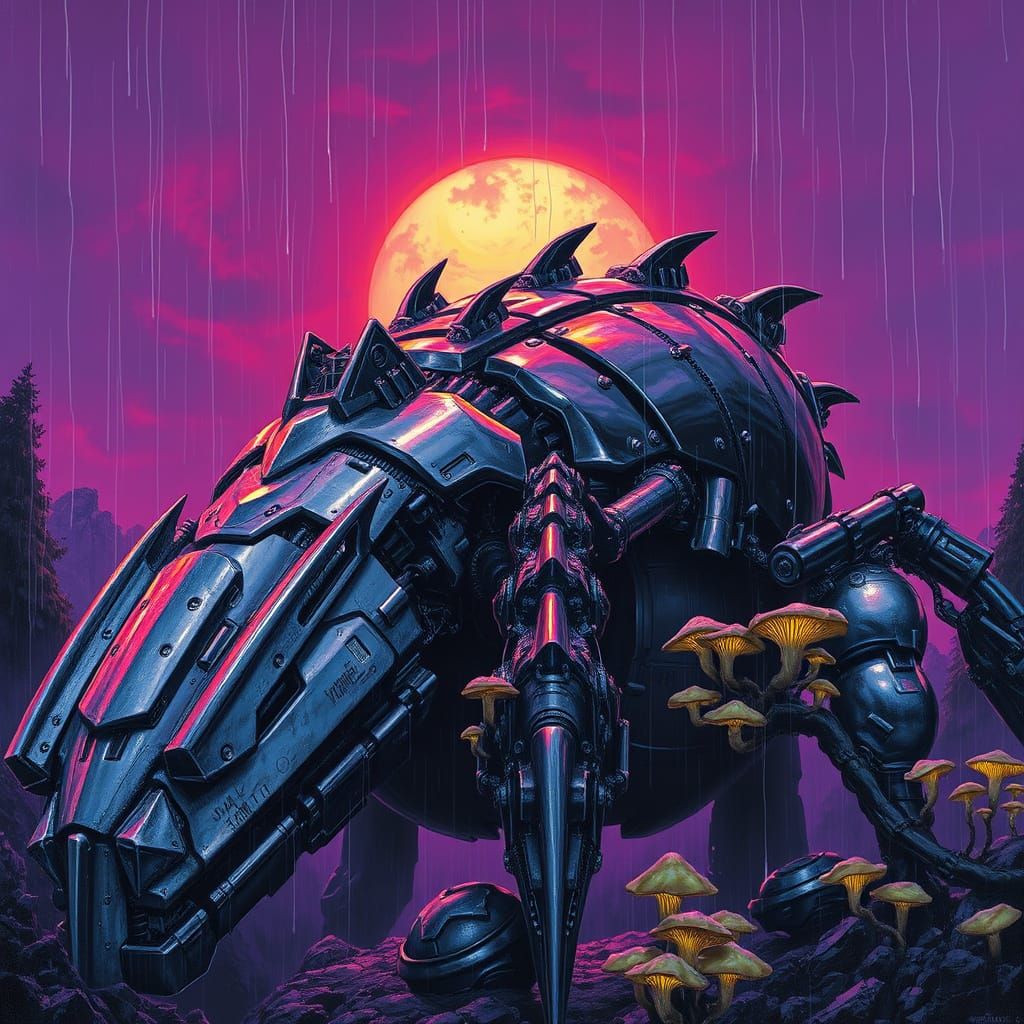 Jagged, metallic exoskeleton, chrome gleaming under a bruised purple sunset. Thick, oily rain slicks the bioluminescent ...
