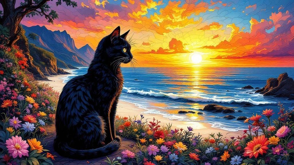 Stained Glass Landscape with Black Cat Oil Painting