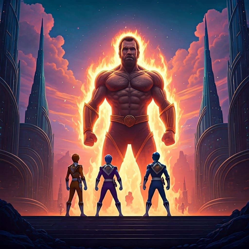 Power Rangers vs Fiery Chuck Norris in Fantasy City