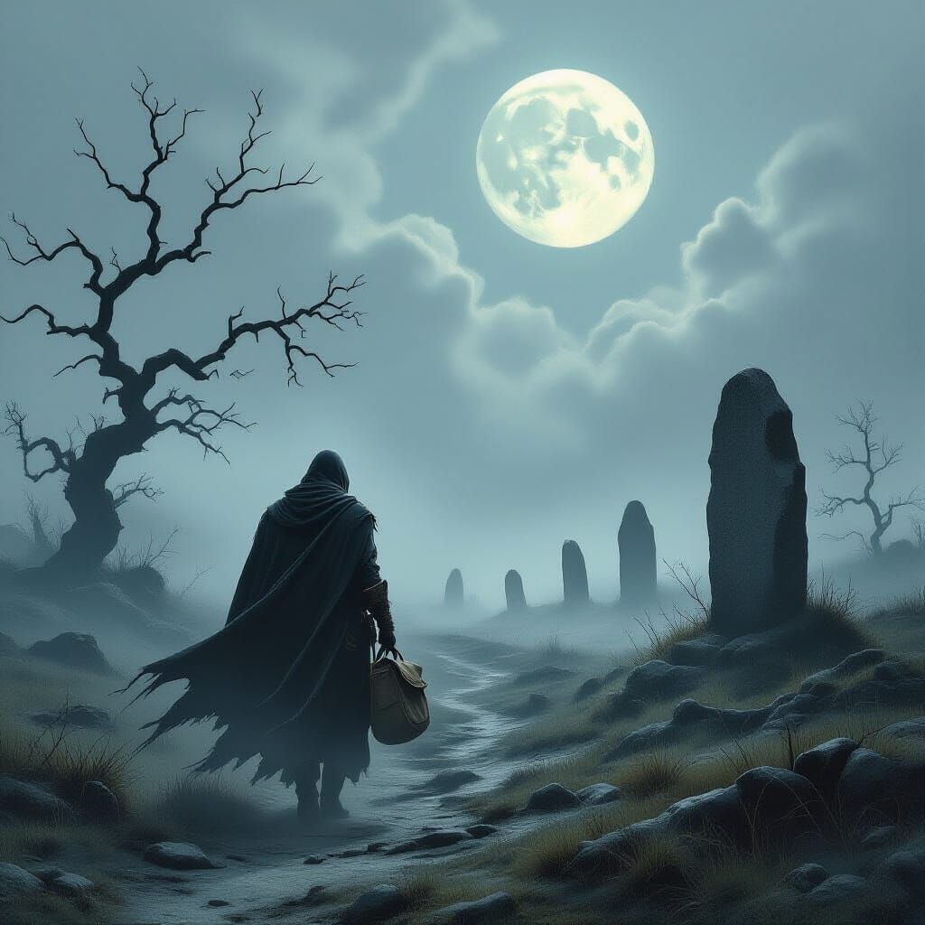 Werewolf on Foggy Moor Under Full Moon