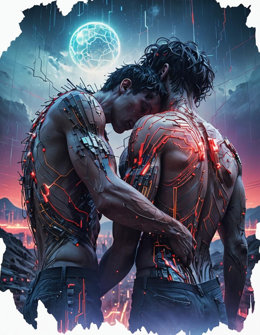 Shirtless Men in Love: A Surreal Glitch Art Scene