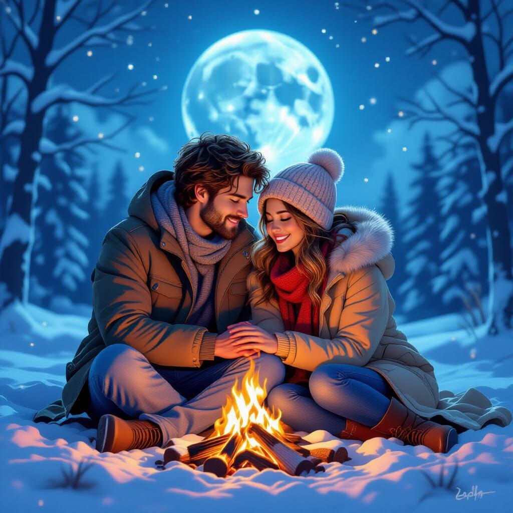 Lovers Embrace by Campfire Under a Blue Moon