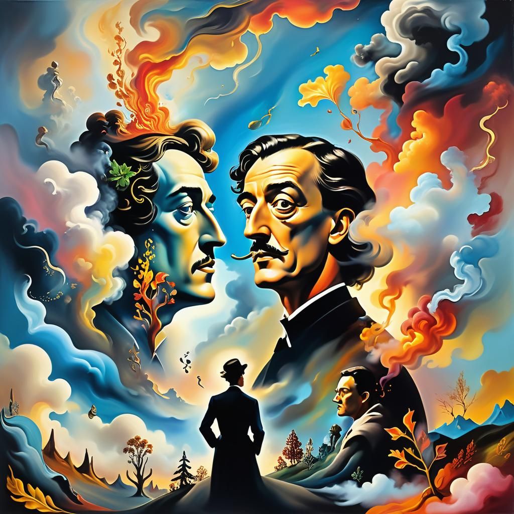 Dreamlike Meeting of Selves in Surreal Landscape