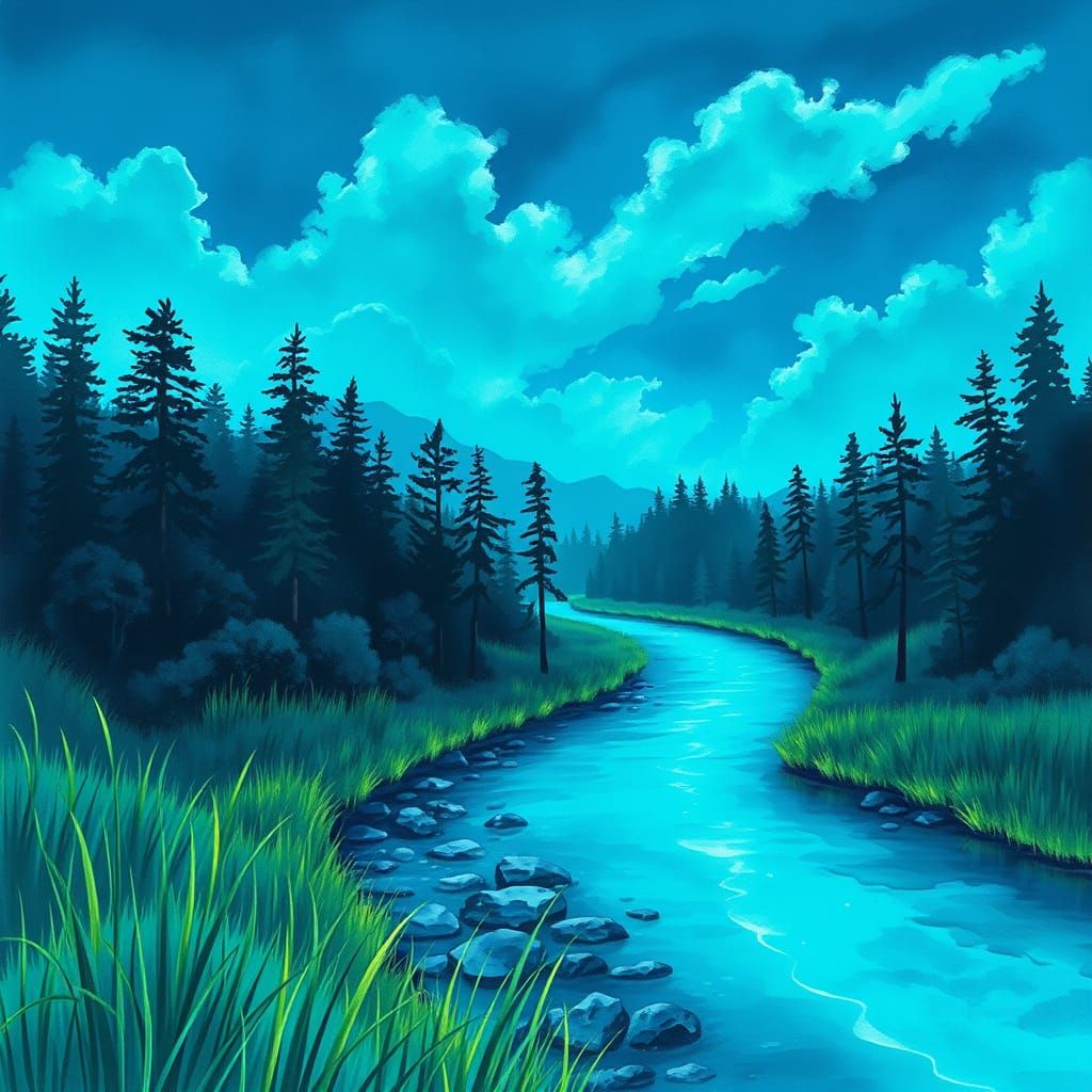 Neon Turquoise River in Watercolor Forest