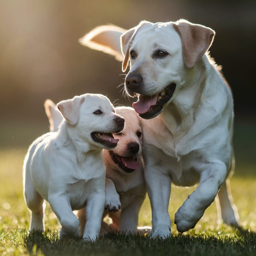 Labrador Retriever and Pups Play in Sunlit Park