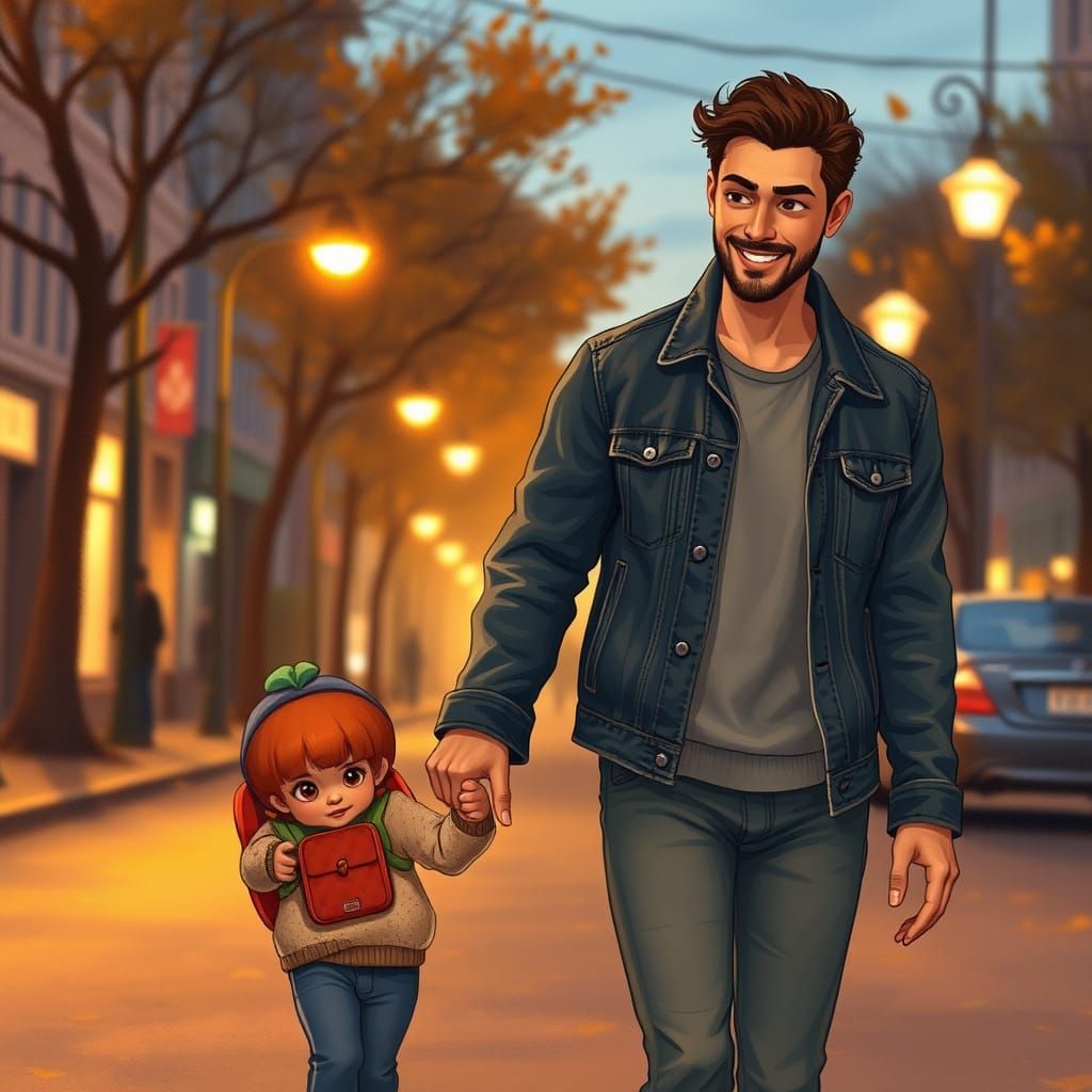 Father and Daughter Stroll Down City Street at Dusk