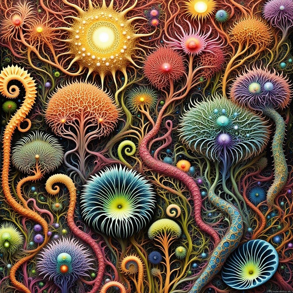 Abstract Impasto Collage of Flowing Roots and Flowers