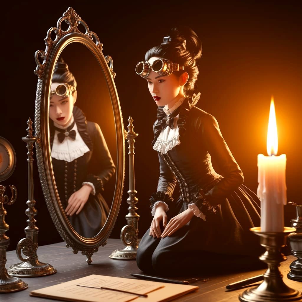 Steampunk Goth Figure Contemplates Reflection in Golden Ligh...