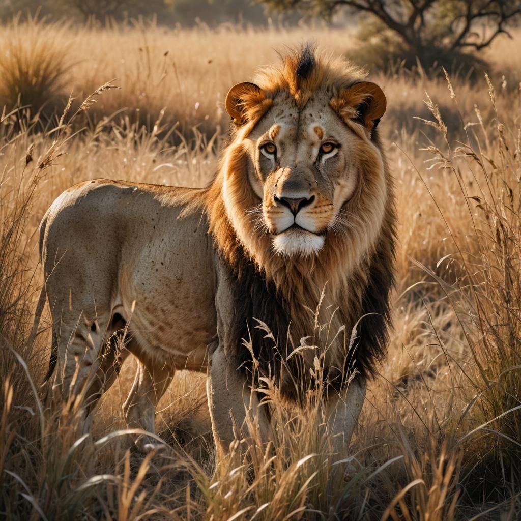 Lion in Golden Savannah: Surreal Wildlife Photography