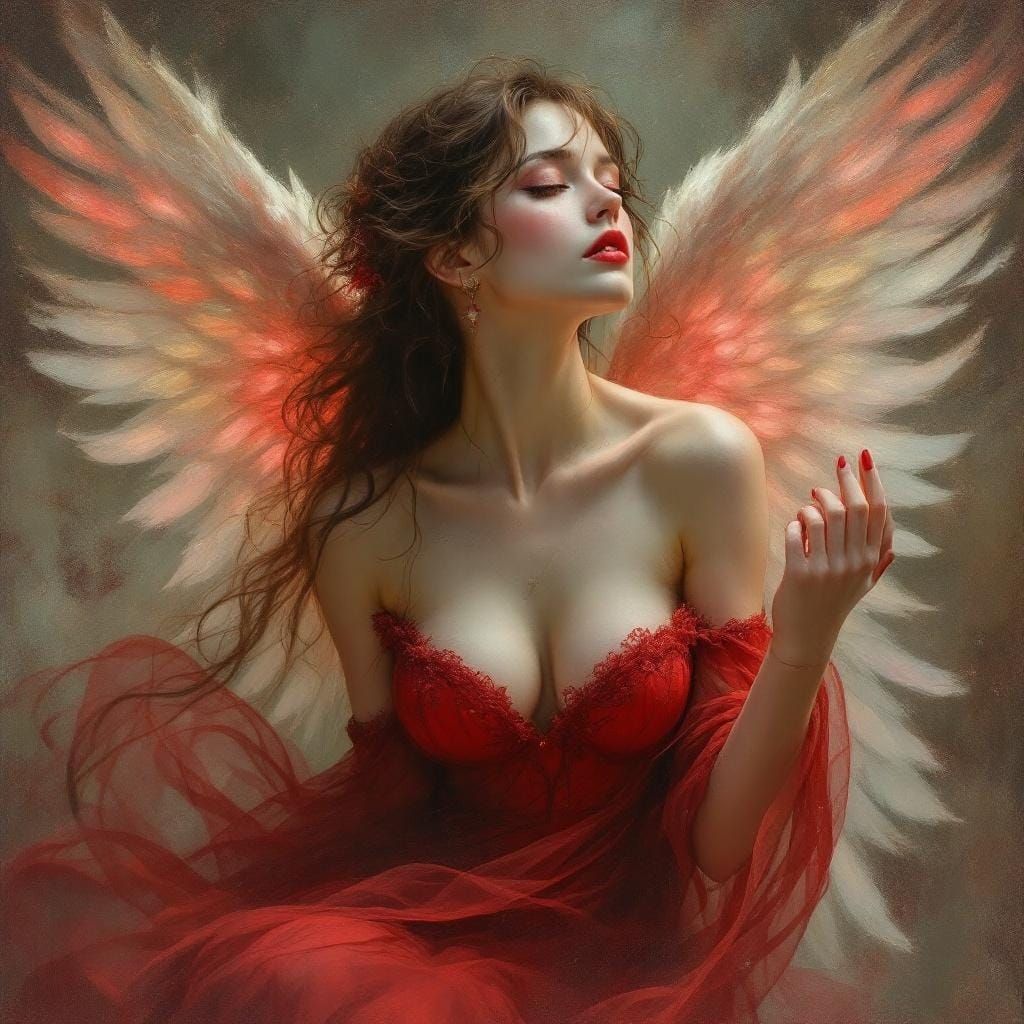 Dark Red Angel in Soft Fantasy Style