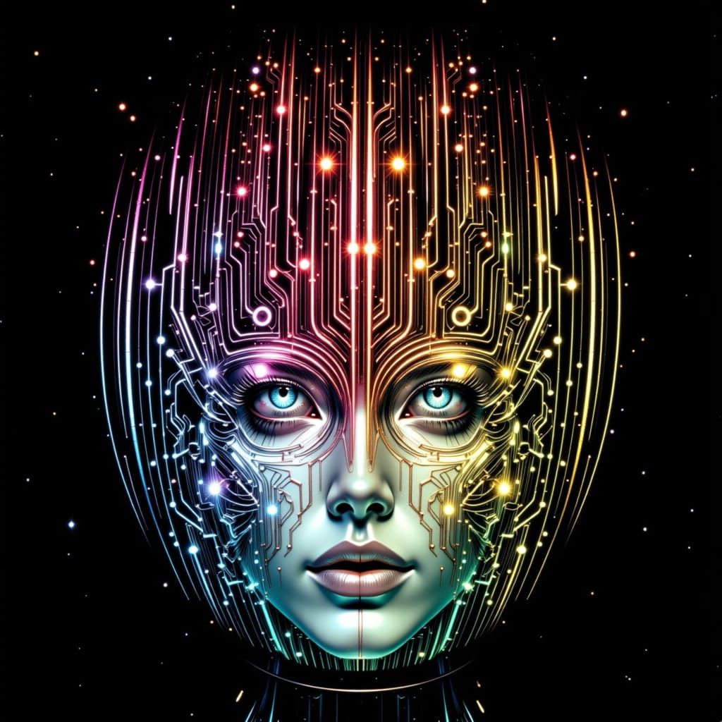 Woman's Face Integrated into Futuristic Circuit Board in 3D