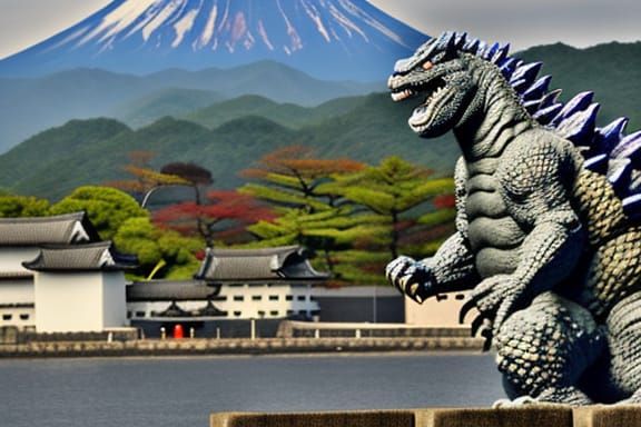 Godzilla Enjoys Sushi at Kumamoto Castle