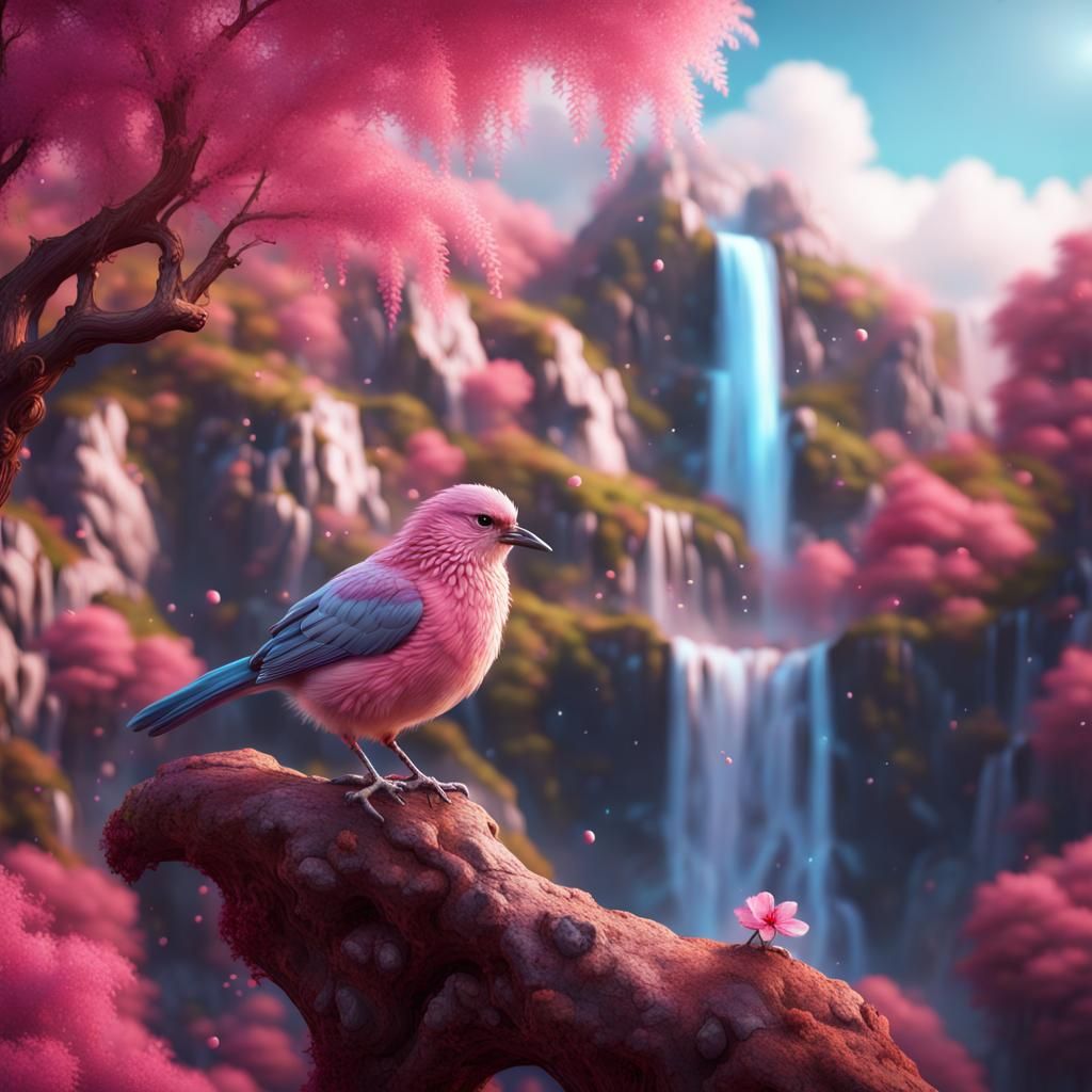 Crystalline Bird on Pink Tree, Fantasy Art