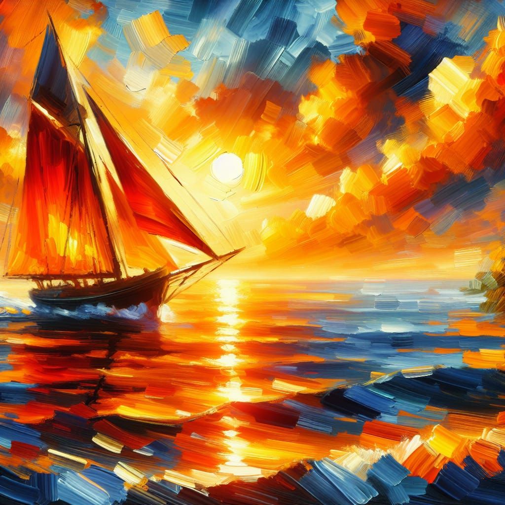 Vibrant Sailboat Painting at Sunset in Bold Brush Strokes