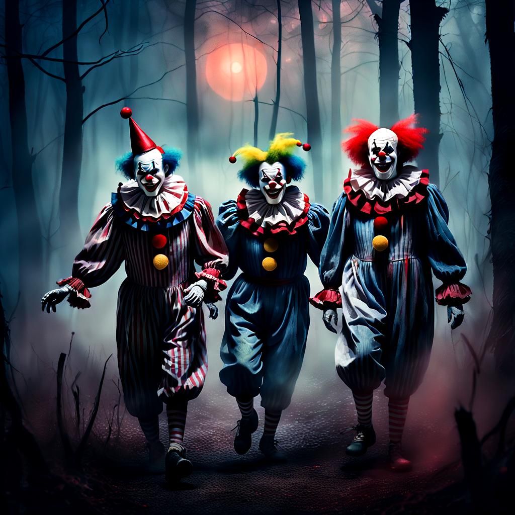 Creepy Clowns Dancing in Misty Forest: Dark Fantasy