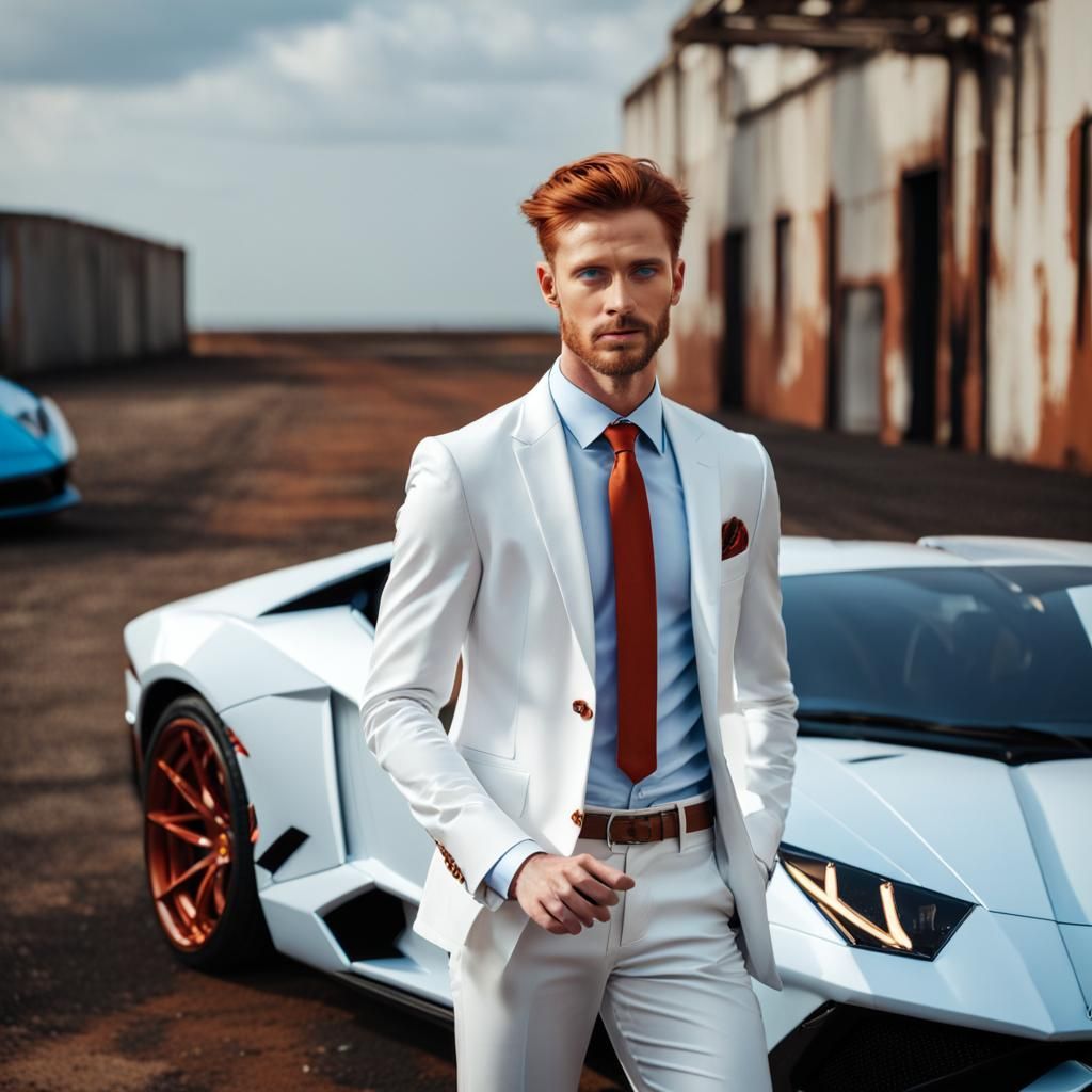 Runway Model in White Suit Posing by Lamborghini
