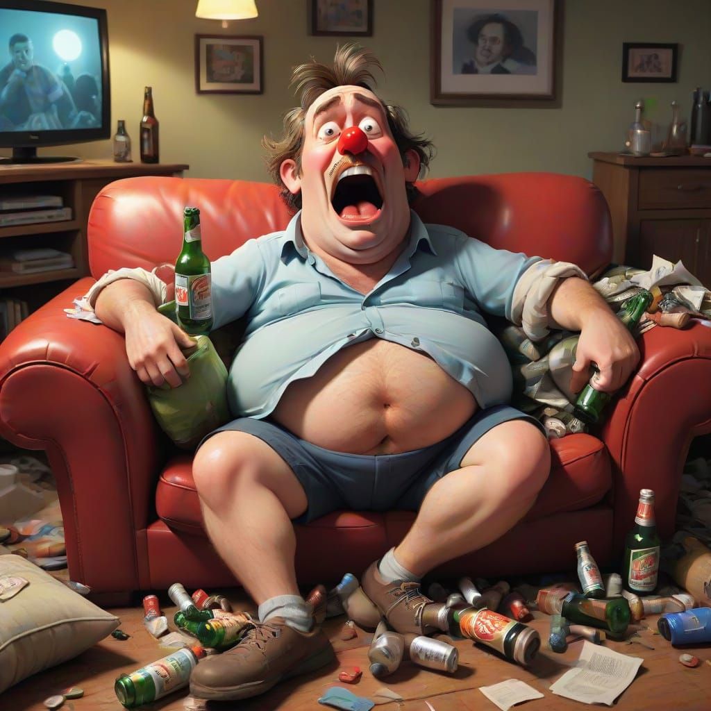 Drunk Cartoon Man Snores on Sofa in Exaggerated Style