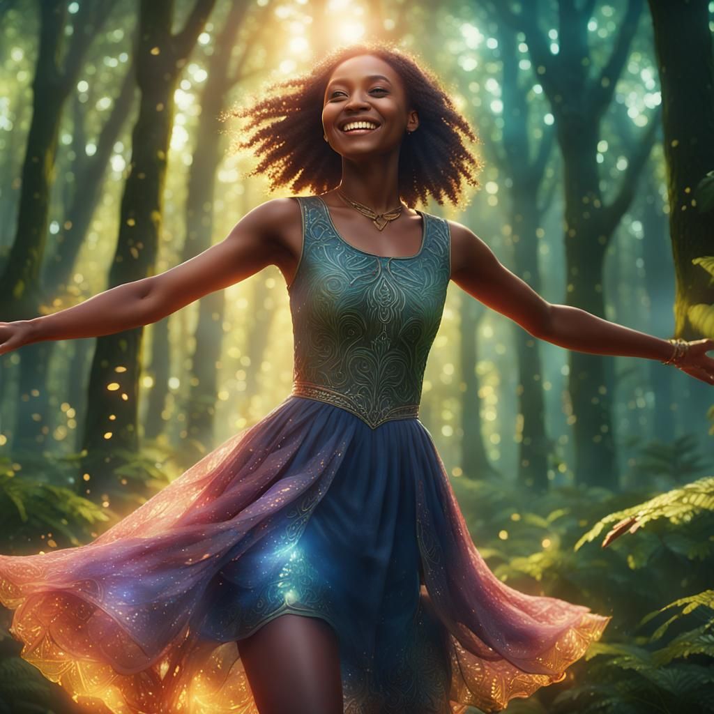Woman Dancing in Sunlit Forest: Fantasy Concept Art