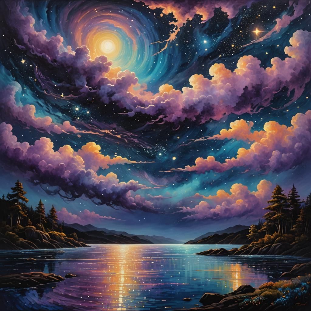 Dreamlike Landscape with Iridescent Starry Sky