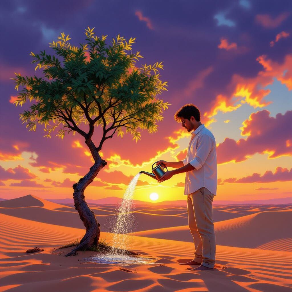 Man Waters Future Tree: Photorealistic Sand Dune Scene