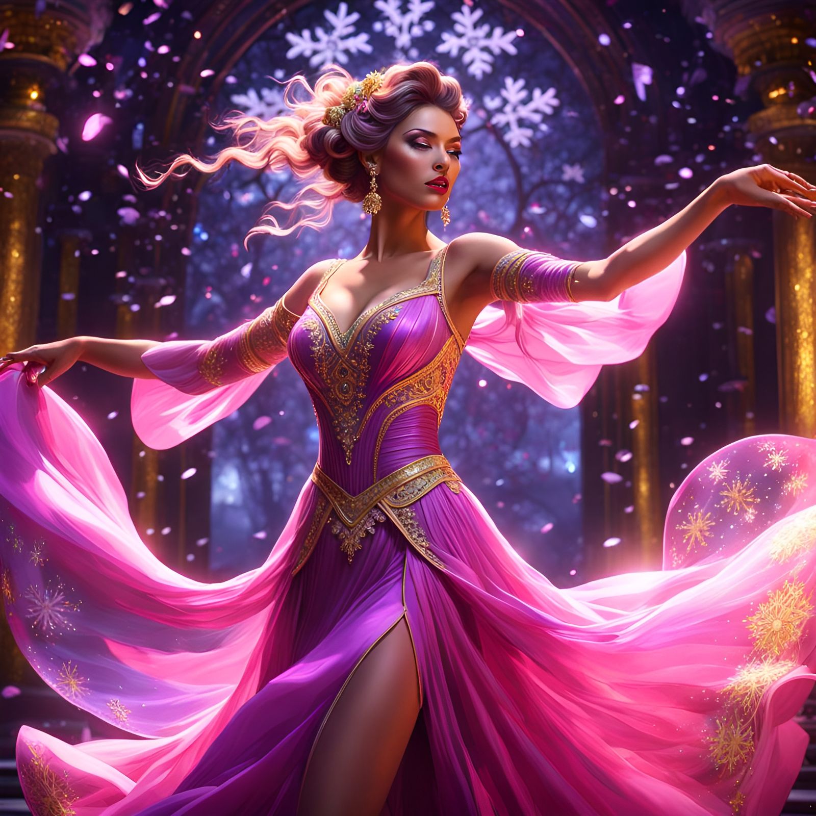 Woman Dancing in Snowflakes: Dark Fantasy Art