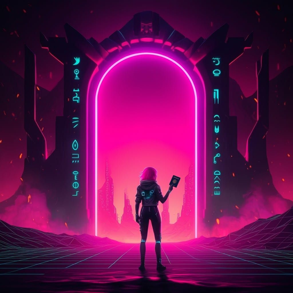 Futuristic Being at Underworld Gate in Synthwave Style