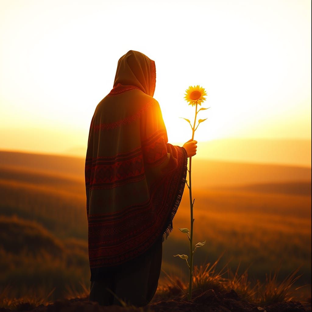 Majestic Figure Embracing Sunrise in a Rolling Hill Landscap...