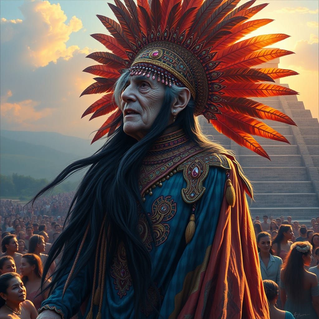 Ethereal Goddess of Beauty in Vibrant Feather Robe and Headd...