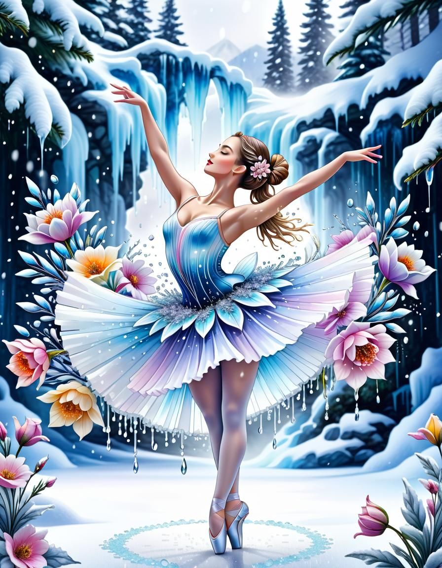 Floral Ballerina in Winter Wonderland: Watercolour Art