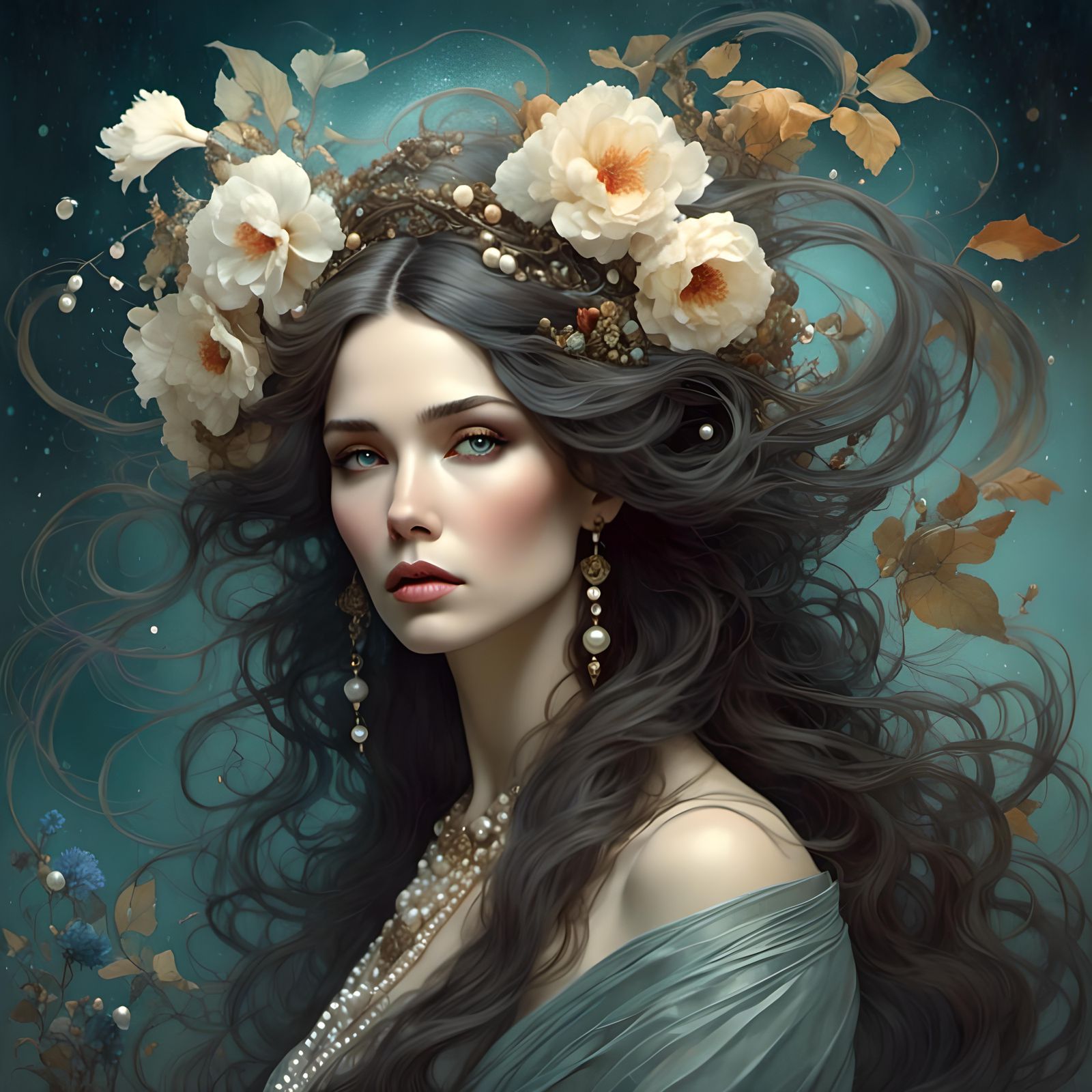 Gorgeous Woman with Flowing Hair in Romantic Watercolor Styl...