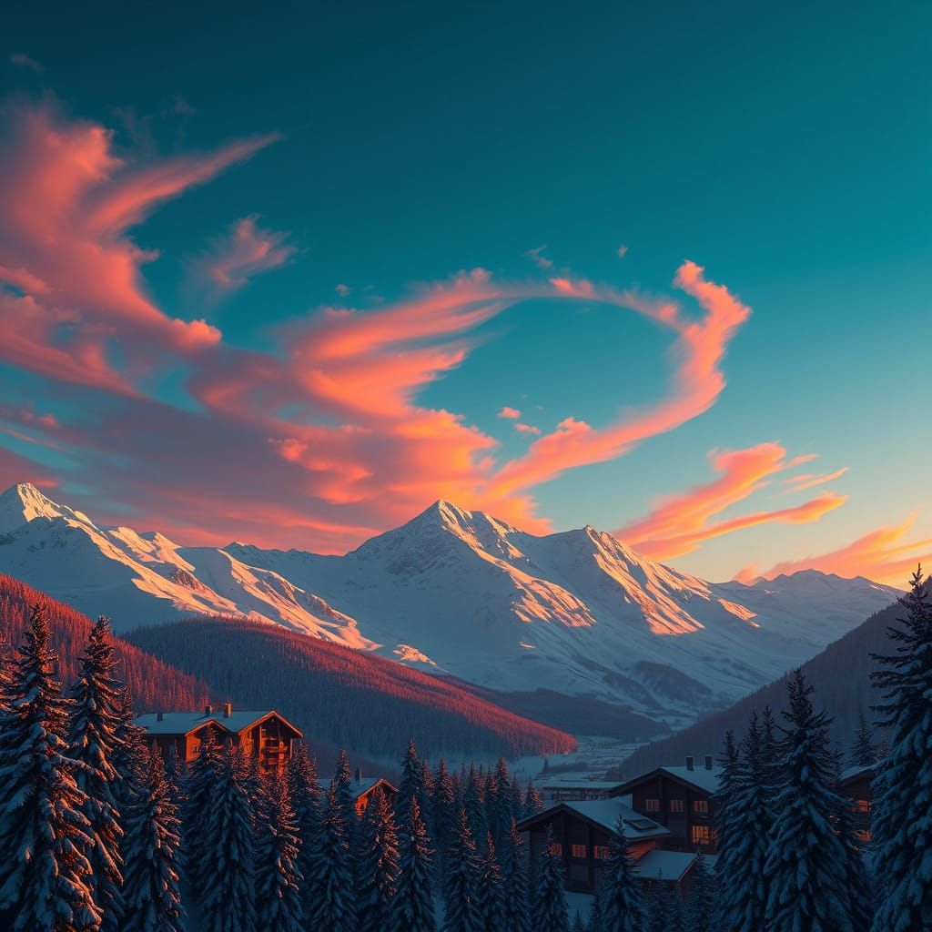 Ski Resort Sunset in Vibrant Digital Art