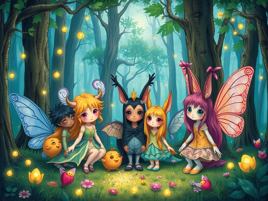 Whimsical Forest Gathering in Superflat Style