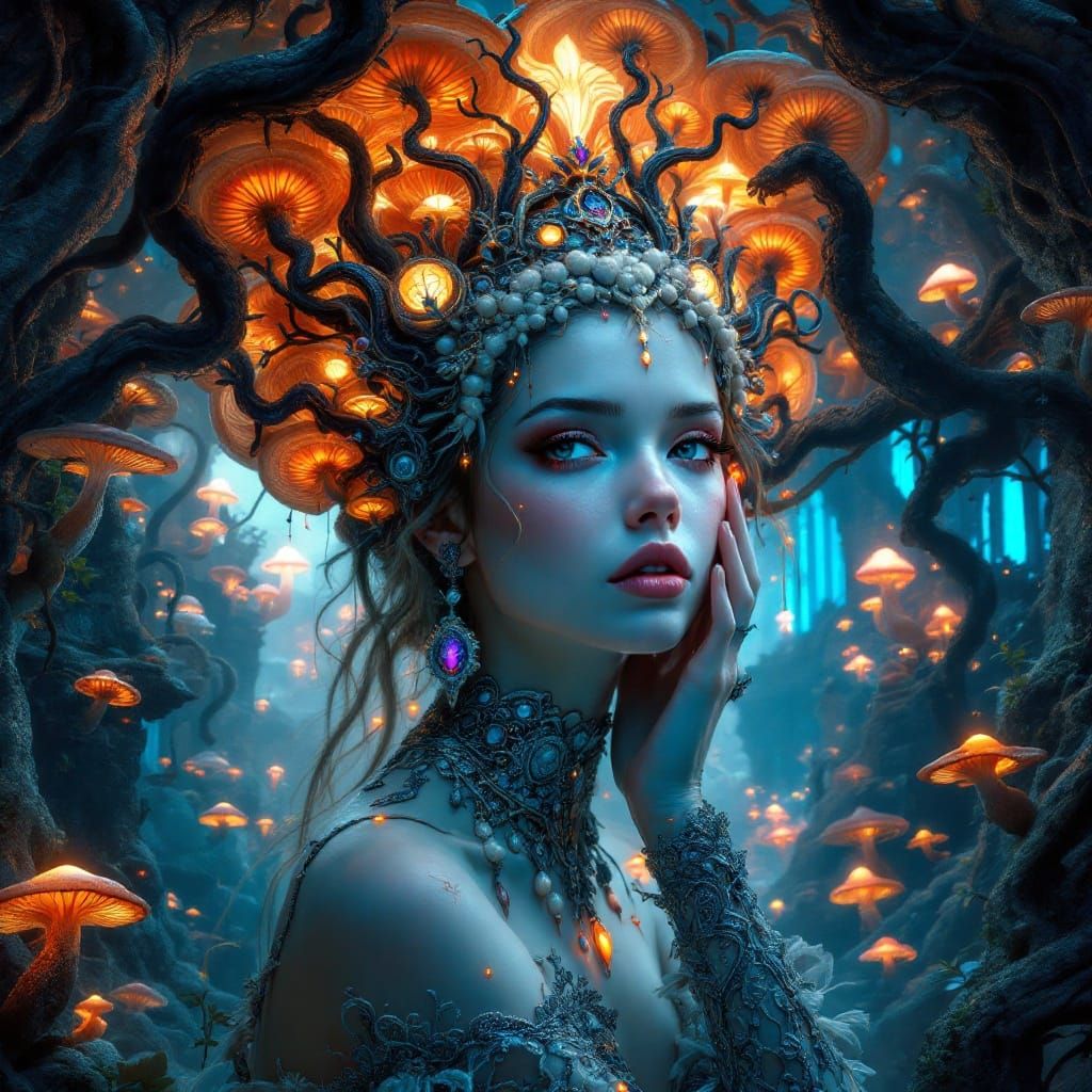 Mystical Fantasy Headdress Portrait in Dreamlike Setting
