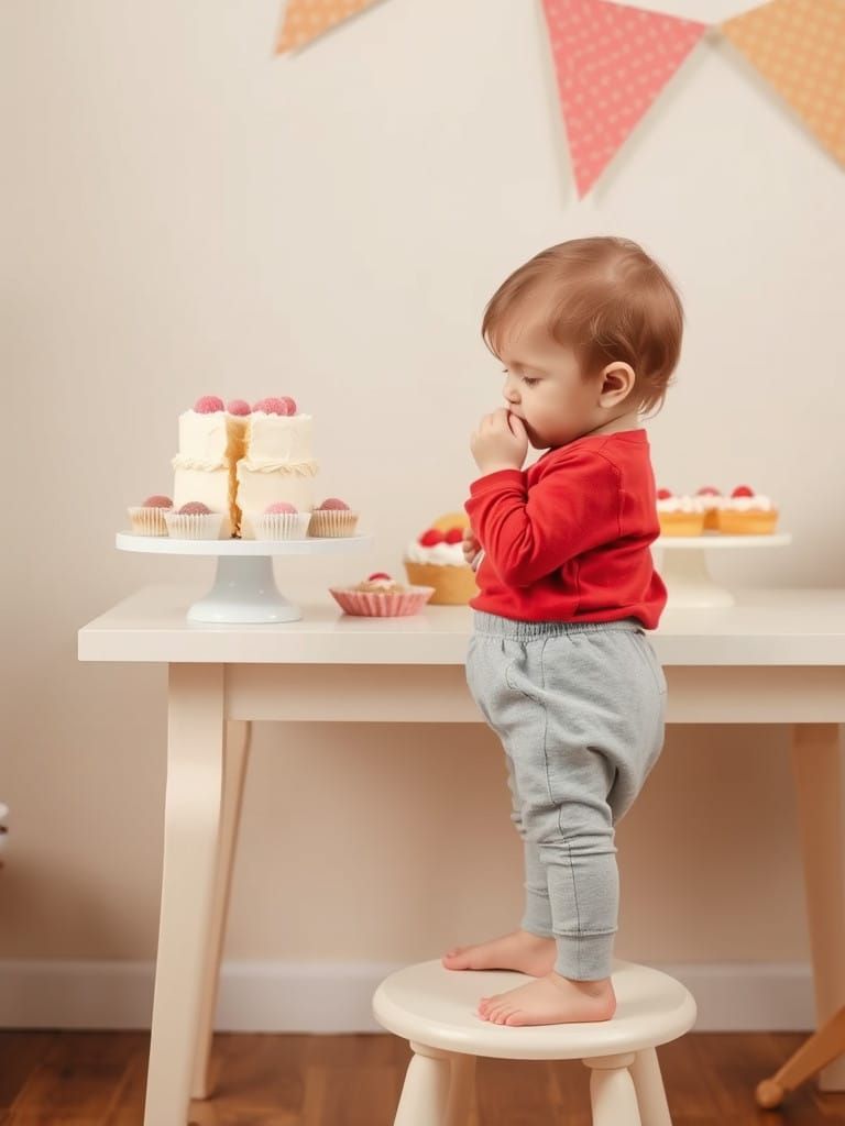 Young Child Contemplates Cake Choices in a Whimsical Setting
