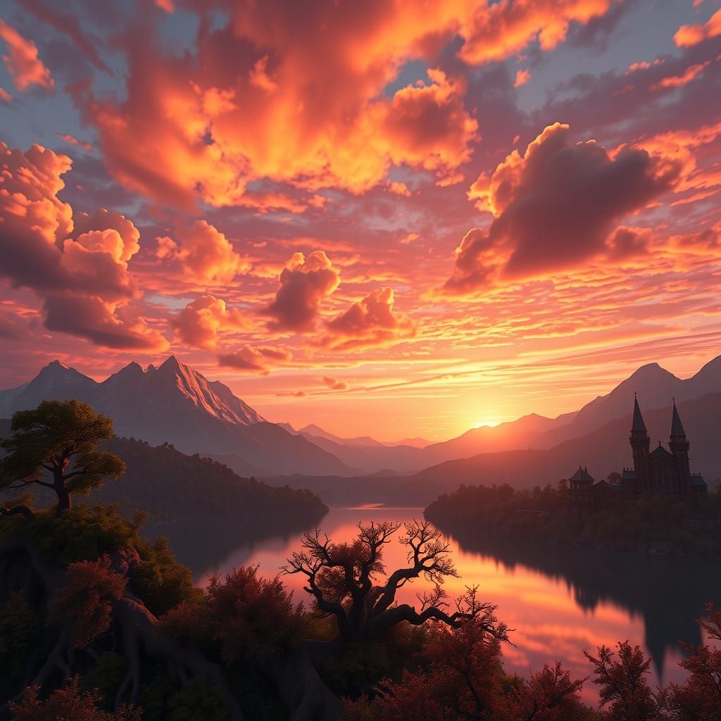 Mystical Sunset Landscape in Fantasy Concept Art Style
