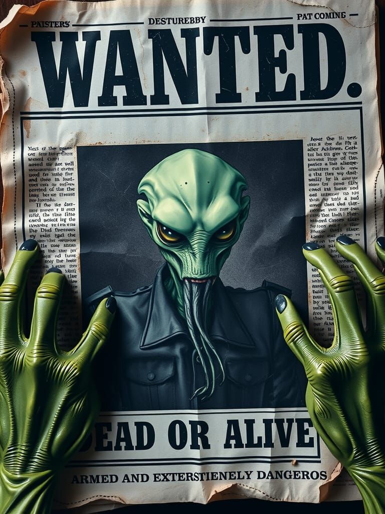 Wanted: Alien Robber on Frayed Sci-Fi Newspaper