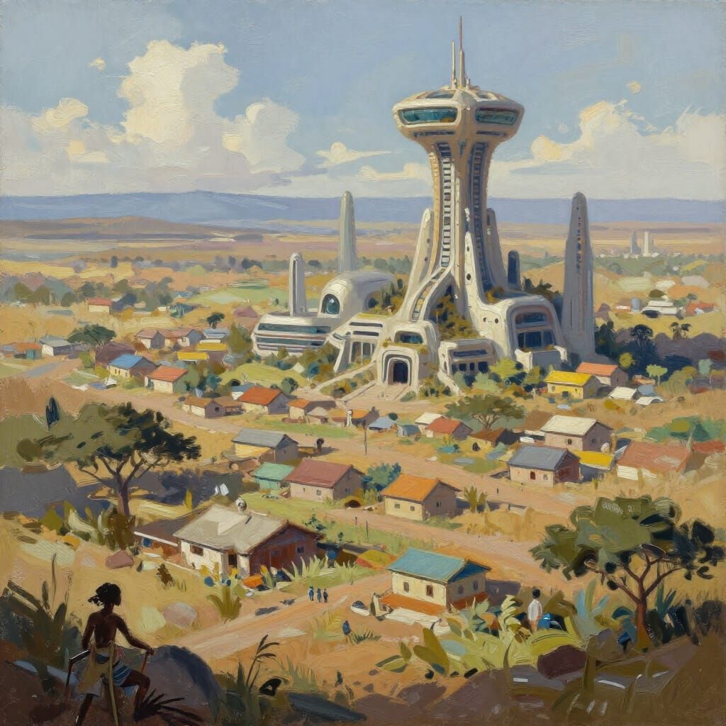 East African Futuristic Neighborhood Painting with Bold Stro...