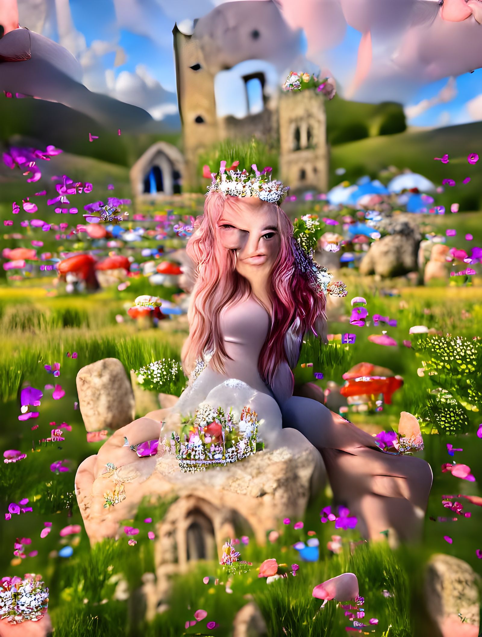 Queen in Flower Meadow with Sapphire Tiara