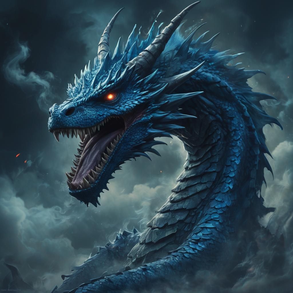 Ferocious Blue Dragon Emerges in a Dark Fantasy