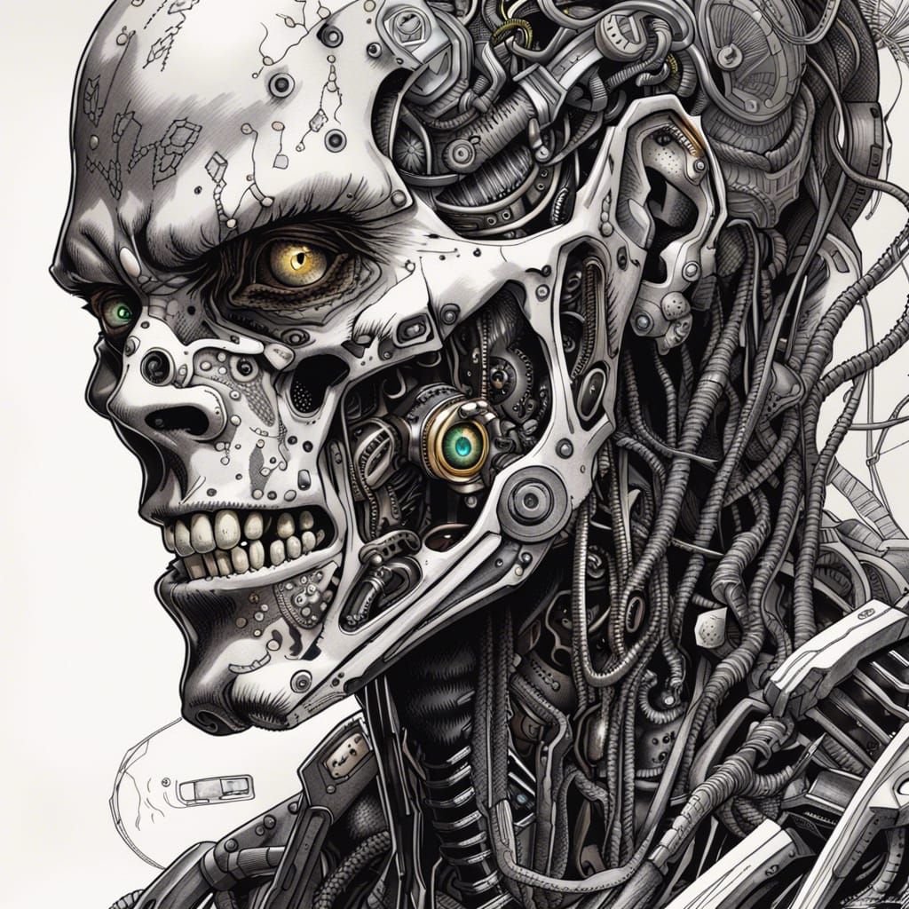 Biomechanical Cyborg Zombie in Black and White Ink