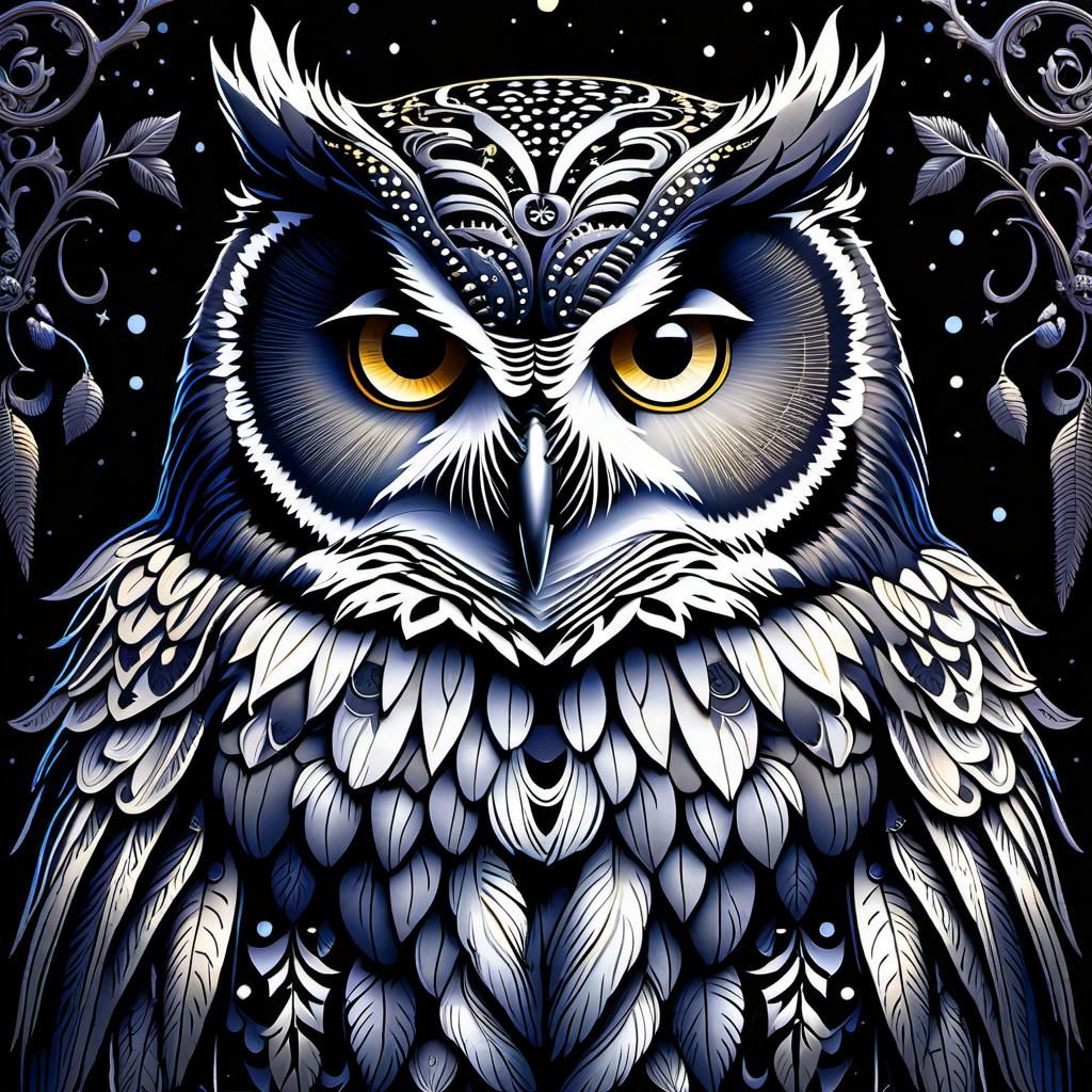 Detailed Death Owl Portrait in Ink Drawing Style