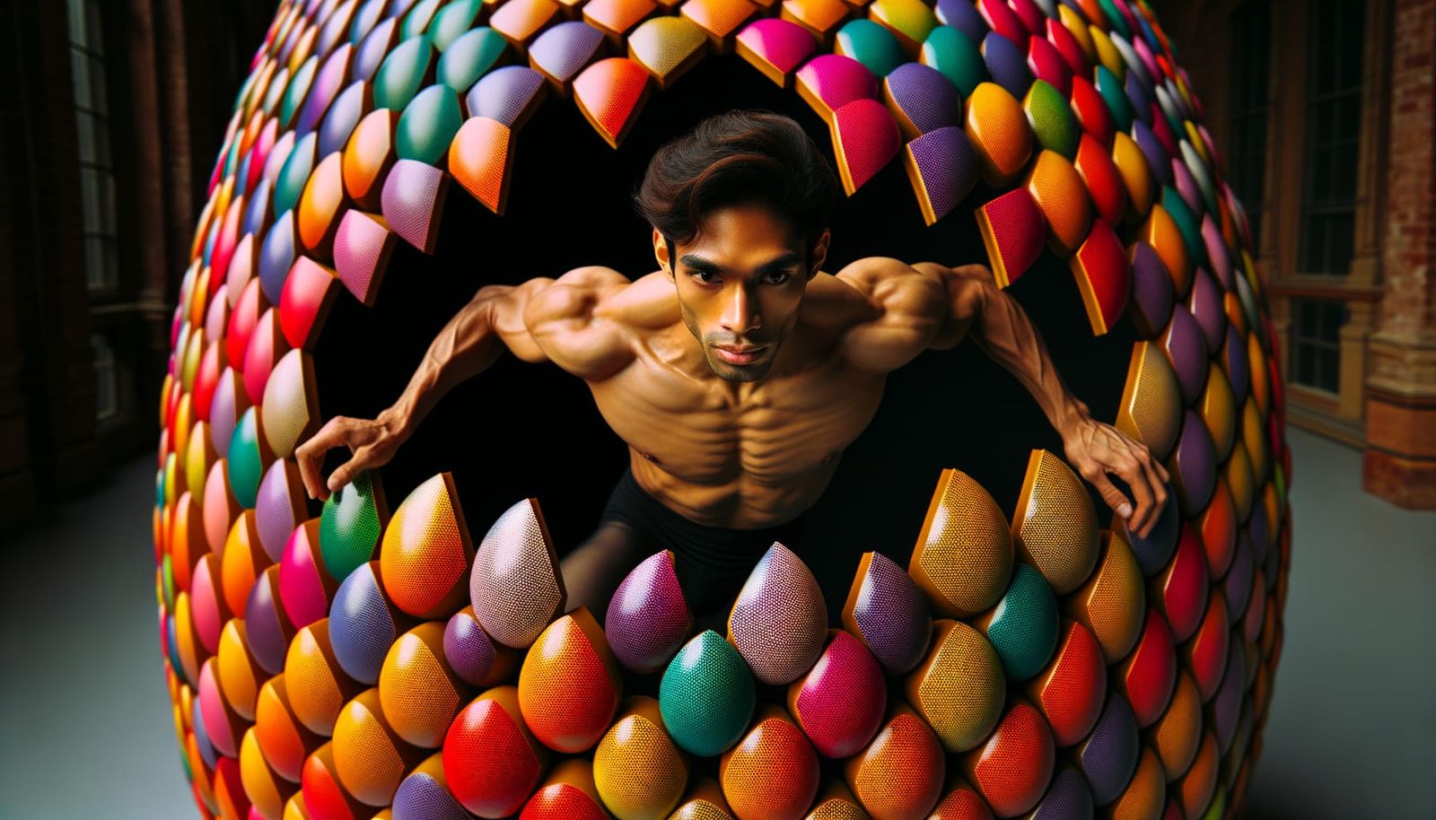 Striking Ballet Dancer Emerges from Honeycomb Egg