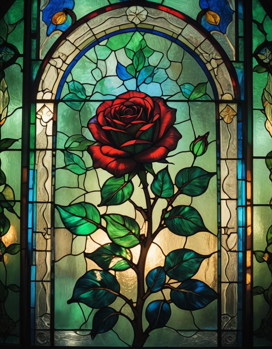 Stained Glass Red Rose in Green and Blue Light