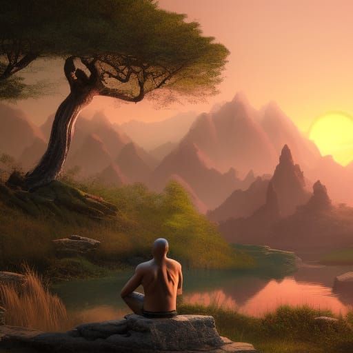 Bald Black Man Meditating In Nature At Sunset