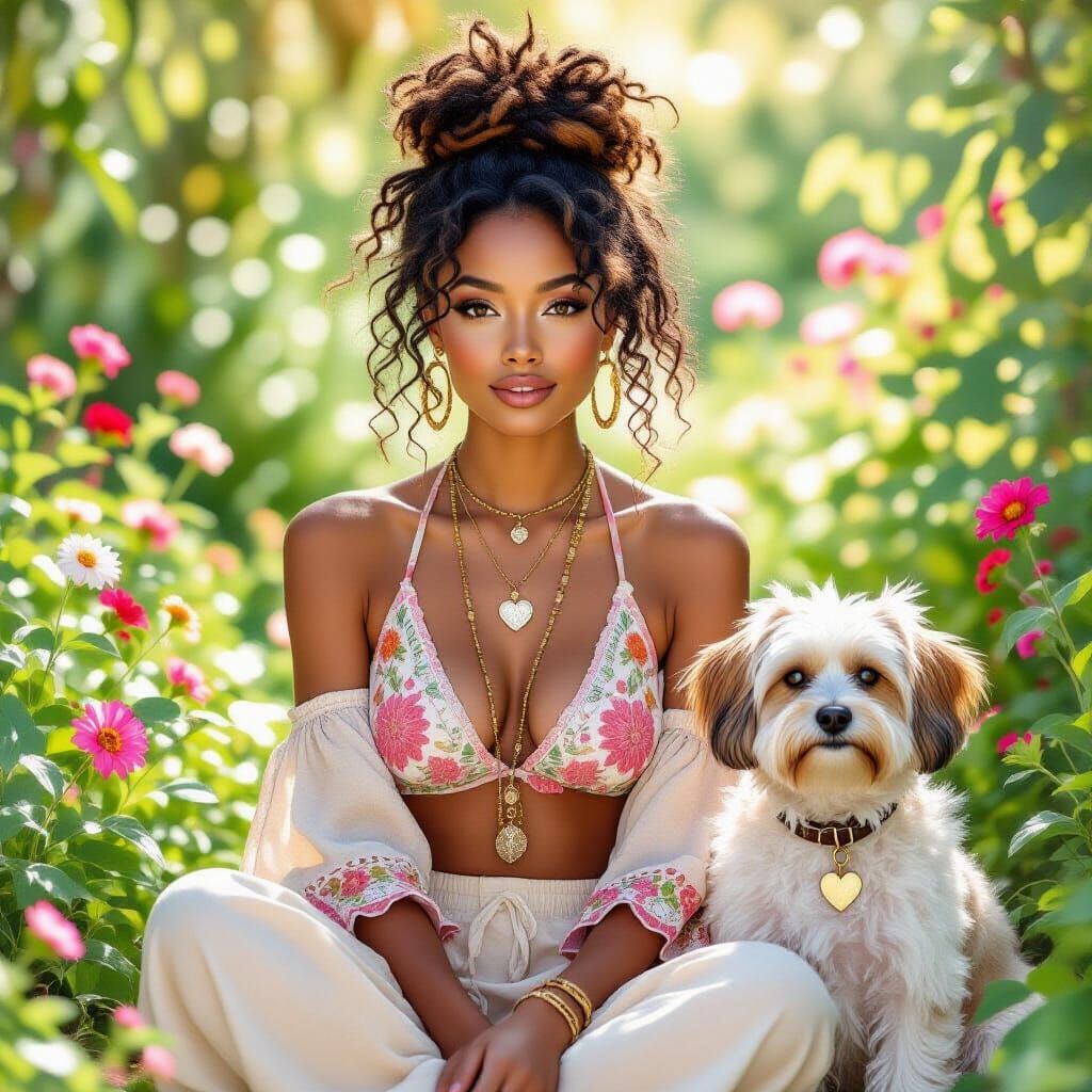 Beautiful Woman with Dog in Lush Garden as Watercolor Painti...