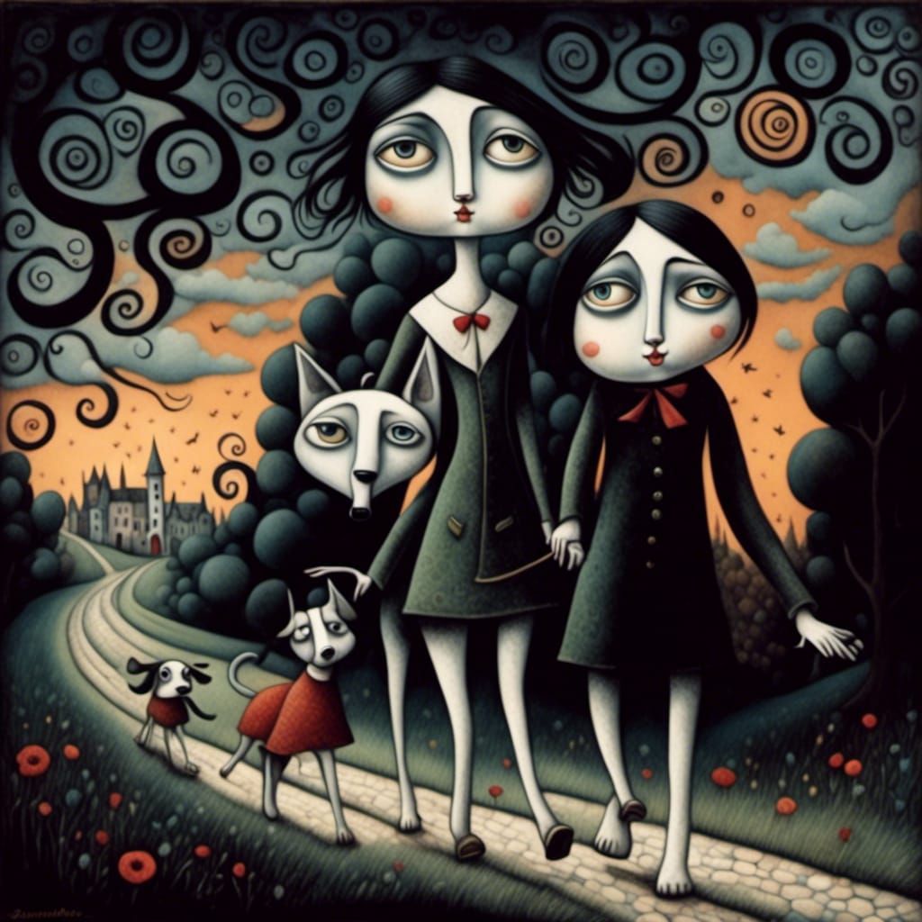 Whimsical Walk with Dogs in Storybook Style